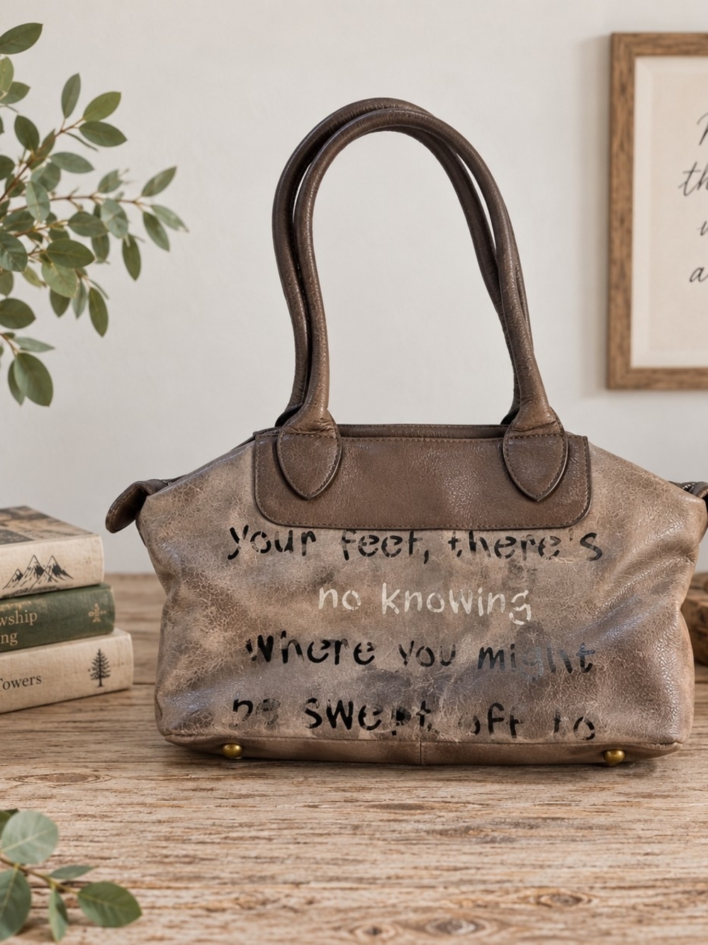 Keren Attoun NOUNKE Leather Quote Shoulder Bag Distressed Boho Purse